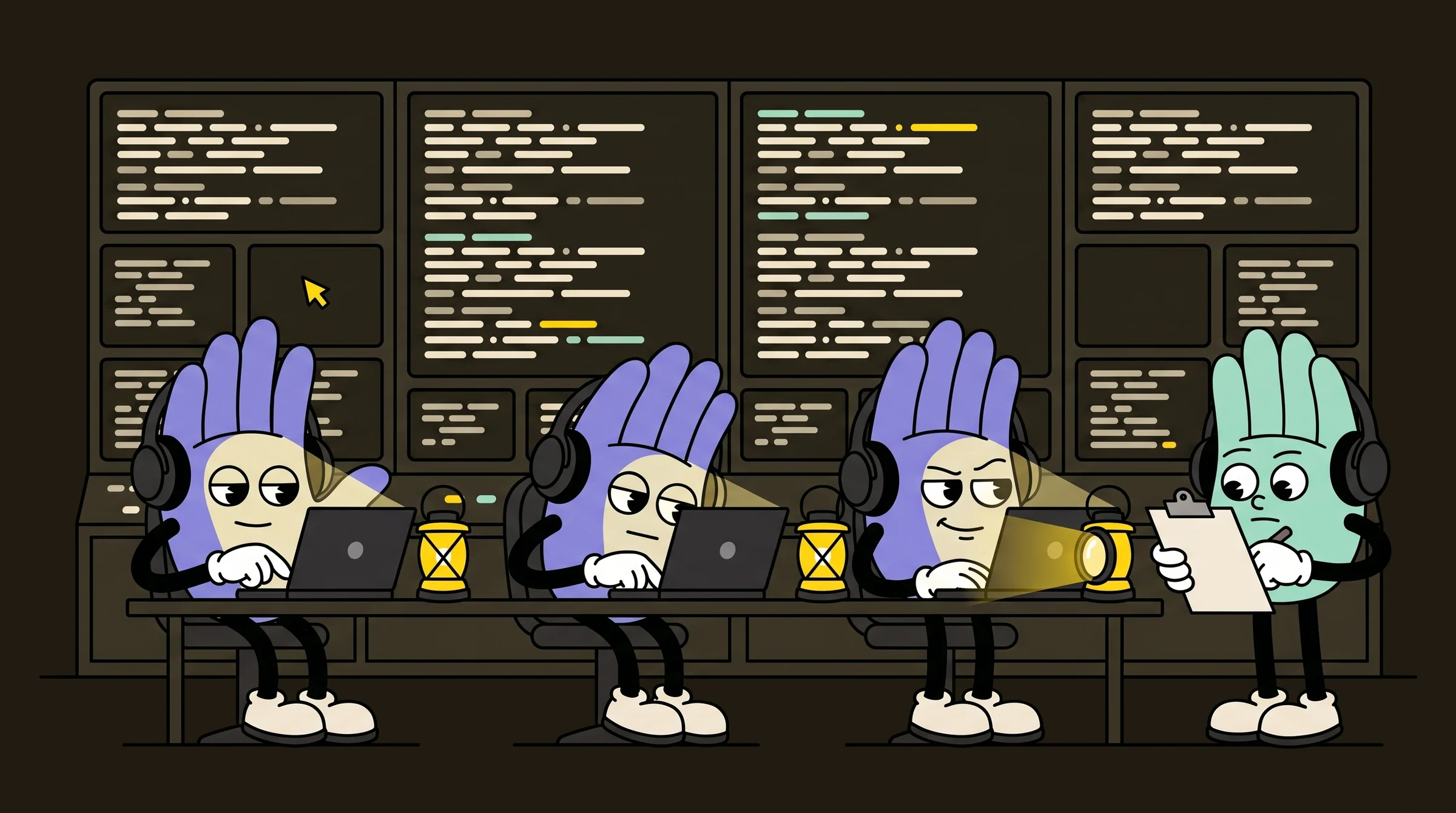 Three periwinkle testers in headphones work at laptops in front of a wall of log screens, faces lit by their screens, while a mint verifier with a clipboard reads over their shoulders.