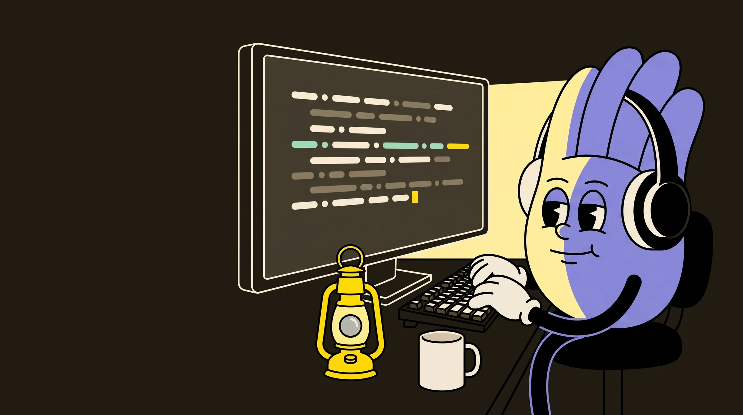 A periwinkle tester in headphones types at a terminal full of log lines, the screen’s light falling across its face, a lantern and a coffee mug on the desk.