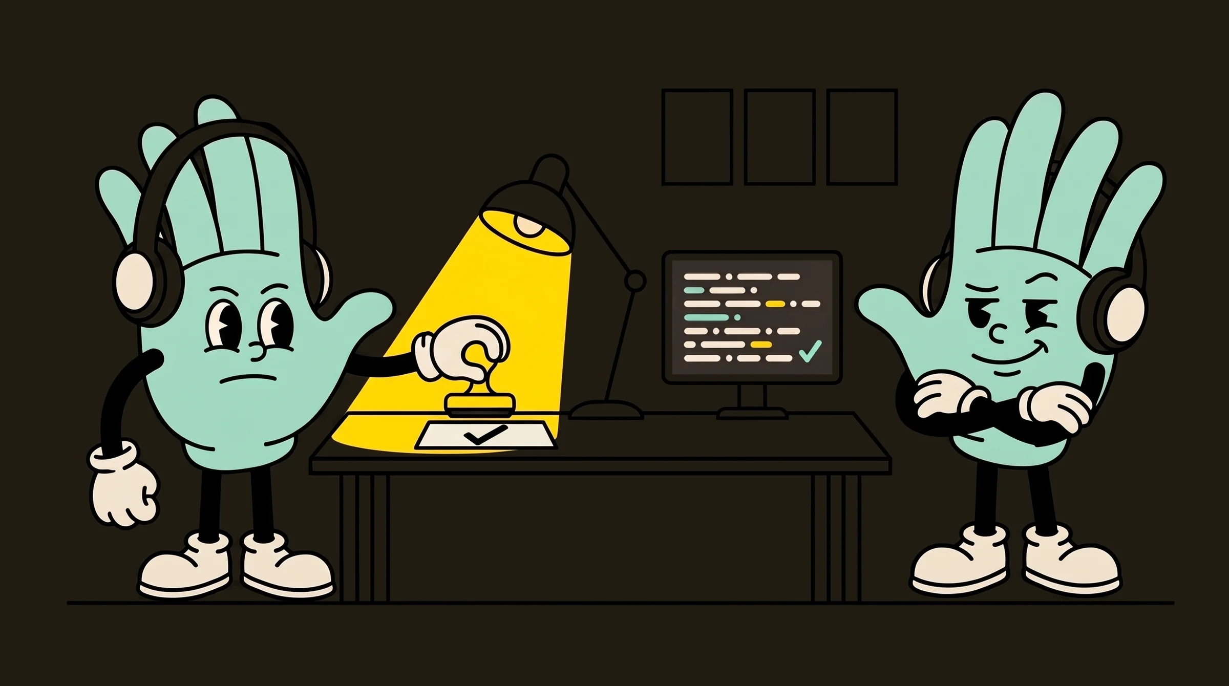 A mint verifier stamps a check mark onto a card under a desk lamp while a second verifier, arms crossed, watches a monitor end on a green check.