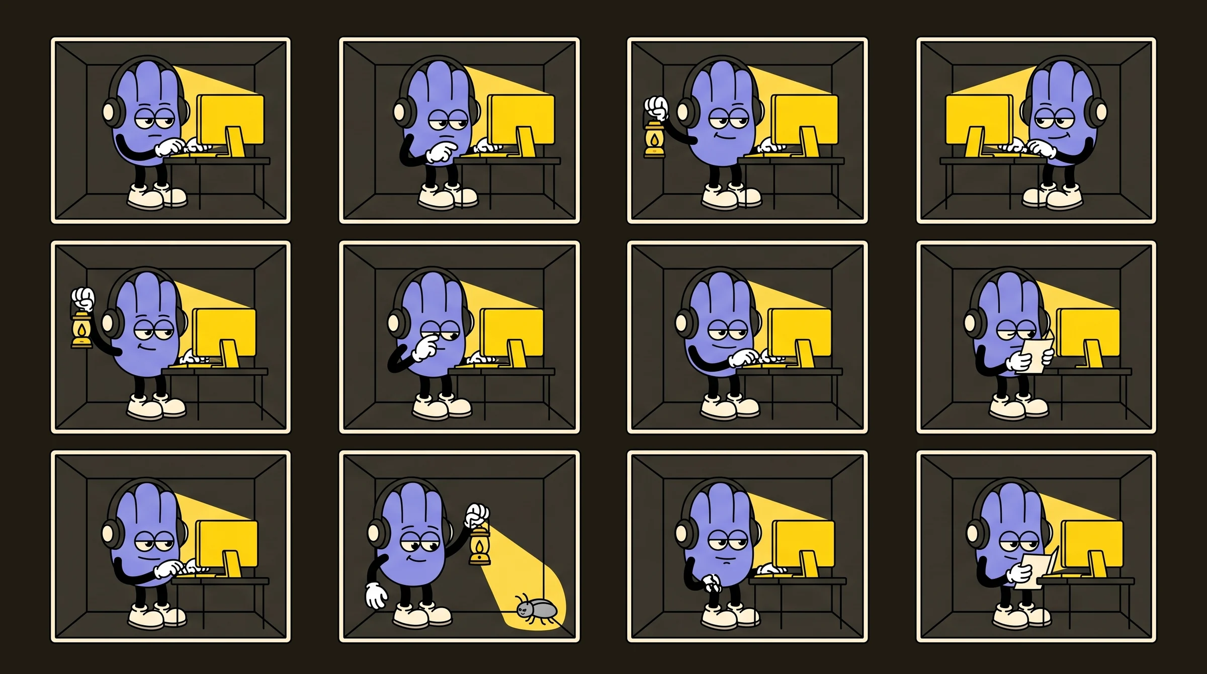 A grid of twelve identical rooms, each with one tester working at its own monitor. In one room, a lantern beam has caught a beetle.