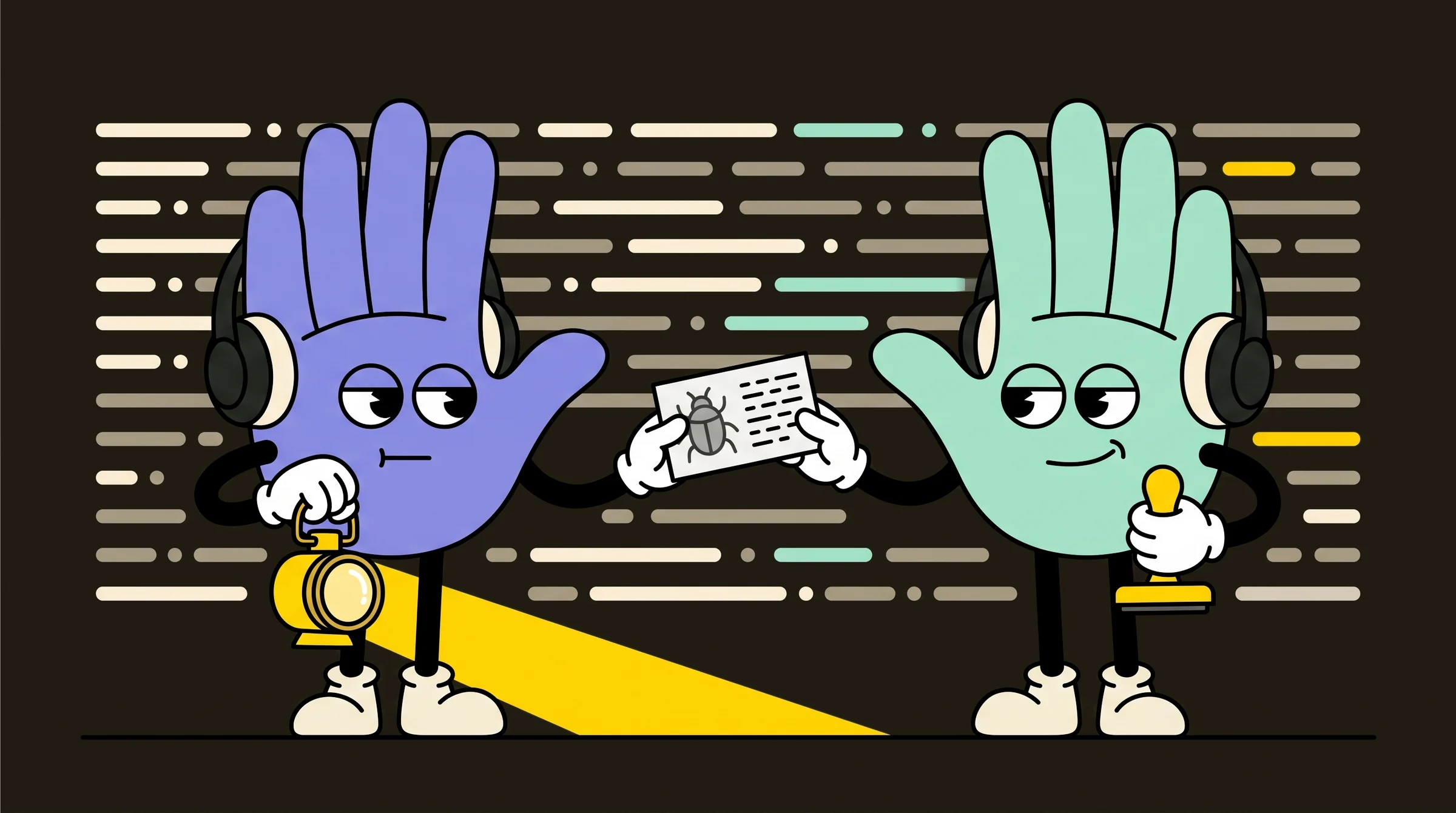 A periwinkle explorer hands a card with a beetle sketched on it to a mint verifier, who studies it, stamp ready, in front of a wall of logs.